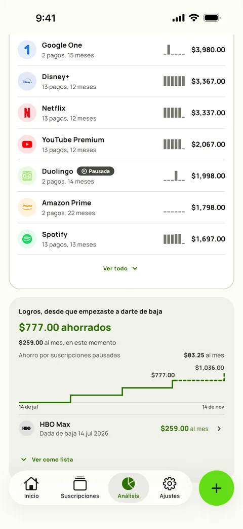 Gasto de por vida por servicio en Análisis de Subby, cada servicio con sus pagos, meses y total, arriba de la tarjeta de Logros con lo ahorrado desde la primera baja, el ahorro mensual de ahora, el ahorro de una suscripción pausada y una gráfica de escalones con el total, en iPhone