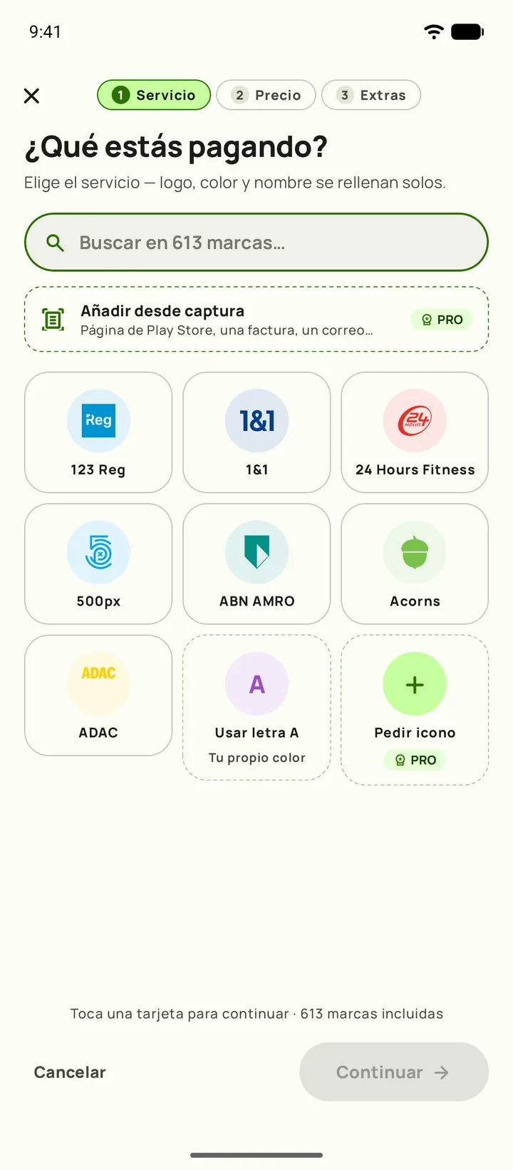 Añadir una suscripción en Subby — paso uno, elegir el servicio
