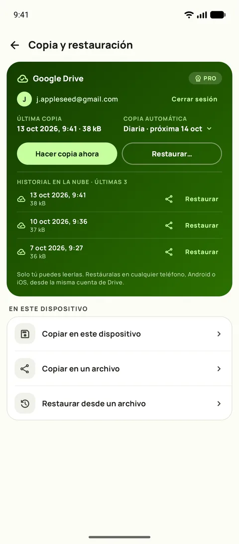 Copia de seguridad y restauración, con la programación y las tres últimas copias, en Android