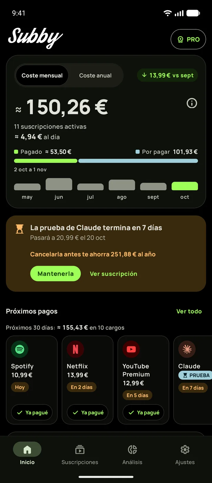 Inicio de Subby en modo oscuro con el total mensual y los próximos pagos, en Android
