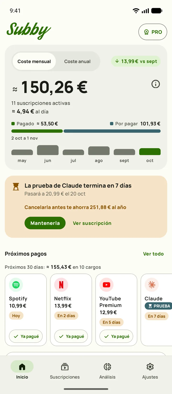 Inicio de Subby con el total mensual, el coste diario, lo pagado, lo que queda por pagar y los próximos pagos, en Android
