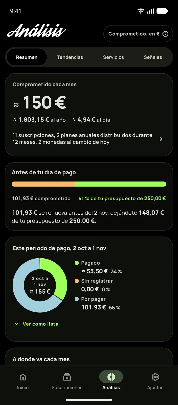 Análisis en modo oscuro con lo que se renueva antes del día de pago, en Android
