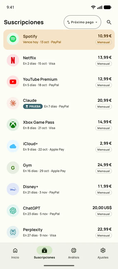 Suscripciones ordenadas por próximo pago, con precio, ciclo y tarjeta, en Android