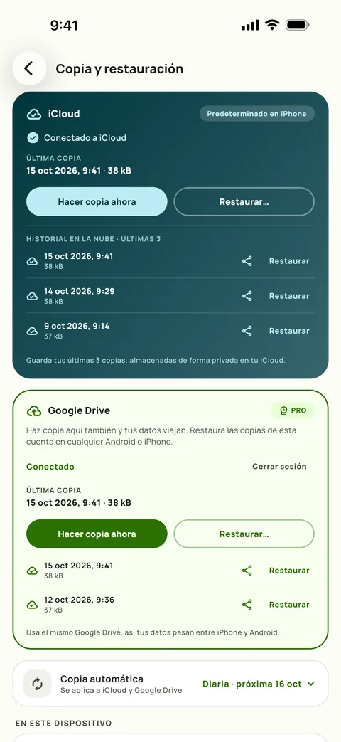 Copia de seguridad y restauración, con la programación y las tres últimas copias, en iPhone