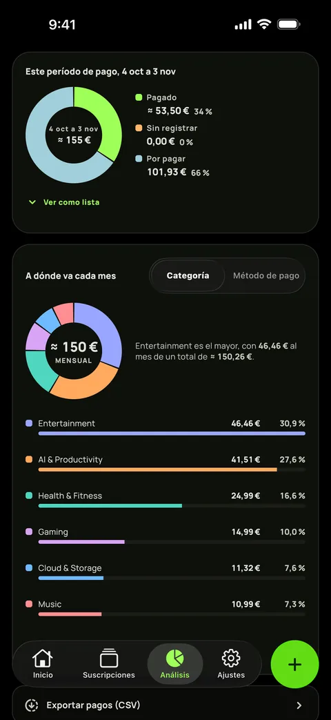 Gasto por categoría en modo oscuro, y la exportación a CSV, en iPhone