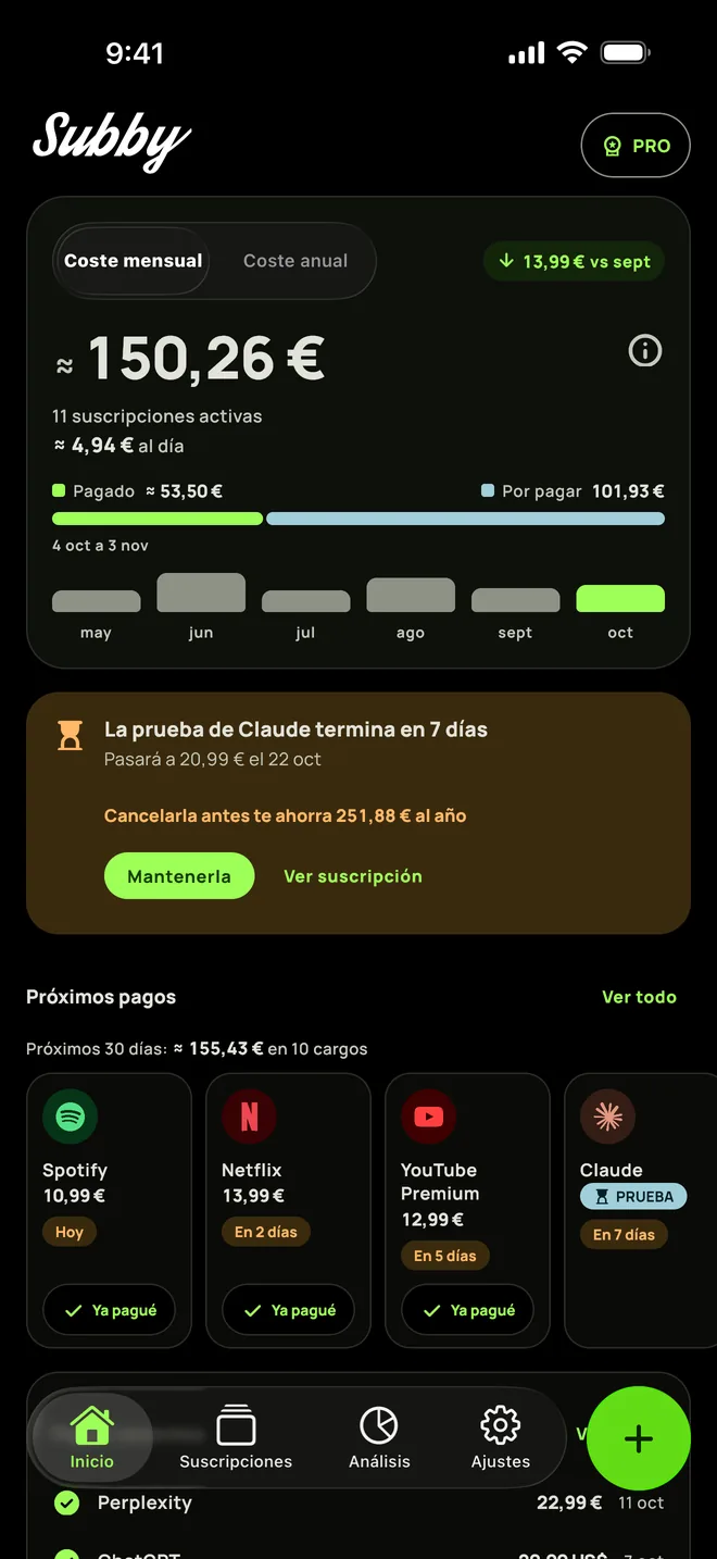 Inicio de Subby en modo oscuro con el total mensual y los próximos pagos, en iPhone