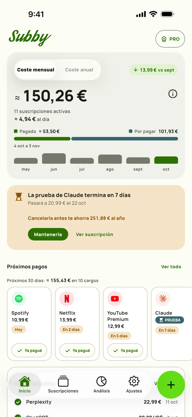 Inicio de Subby con el total mensual, el coste diario, lo pagado, lo que queda por pagar y los próximos pagos, en iPhone