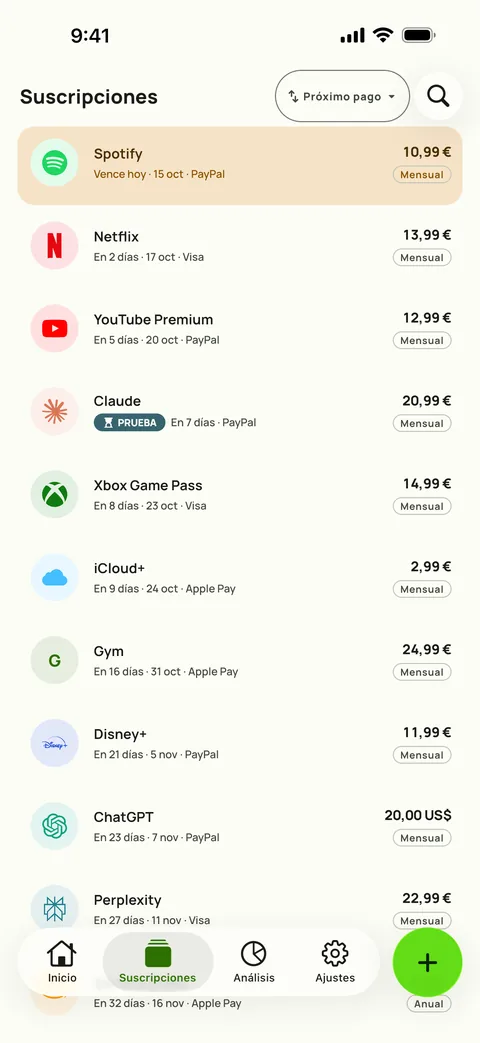 Suscripciones ordenadas por próximo pago, con precio, ciclo y tarjeta, en iPhone