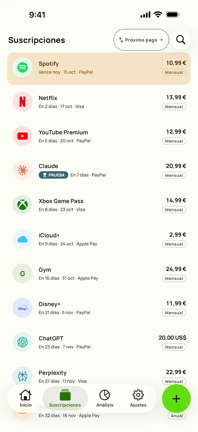 La pestaña Suscripciones de Subby en iPhone, ordenada por próximo pago: Spotify vence hoy, luego Netflix, YouTube Premium y una prueba gratis, cada una con su precio y su ciclo
