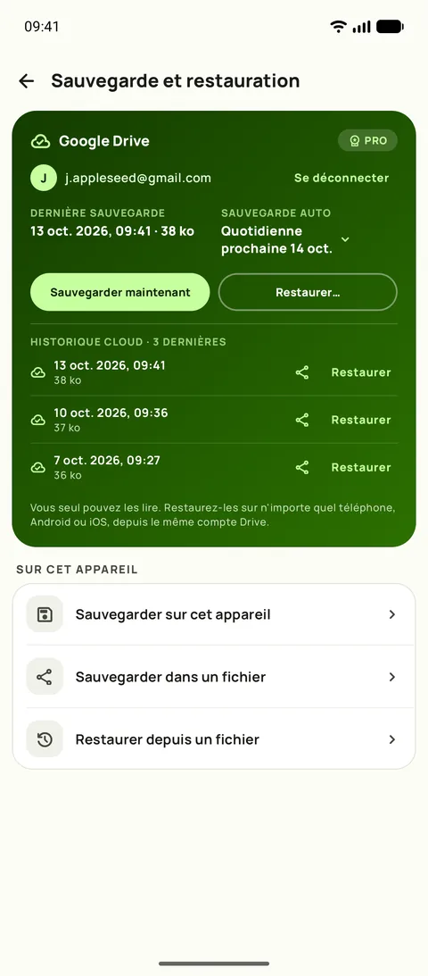 L'écran Sauvegarde et restauration de Subby, avec la sauvegarde automatique réglée sur quotidienne et les trois dernières sauvegardes listées, sur Android