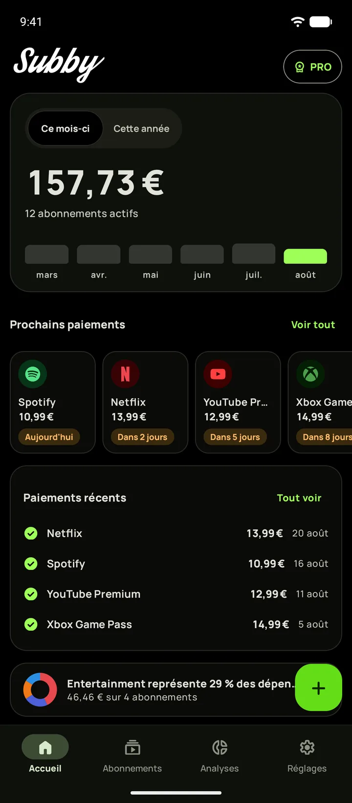 Écran d'accueil de Subby en mode sombre noir profond