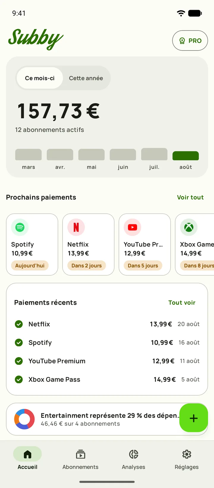 L'écran d'accueil de Subby avec le coût mensuel, ce que cela représente par jour, le payé et le reste à payer, une carte pour un essai qui se termine dans sept jours et les prochains paiements, sur Android