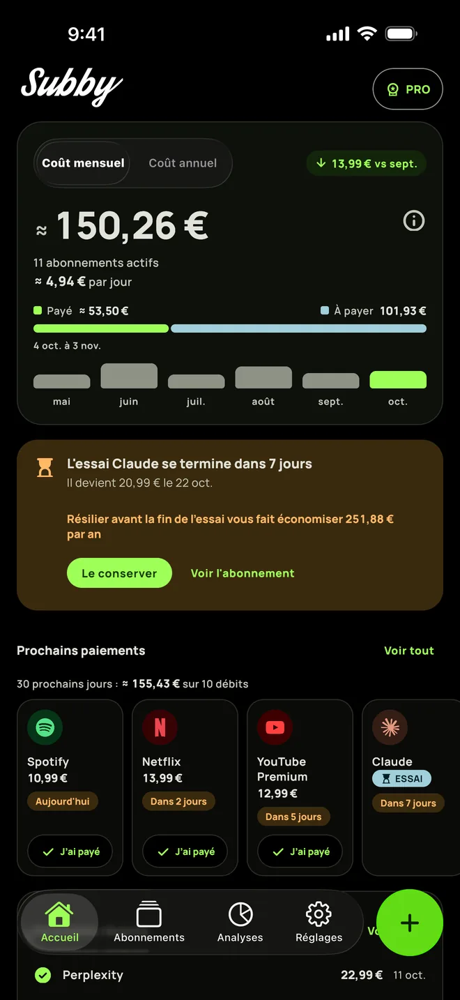 L'écran d'accueil de Subby en thème noir pur, avec le coût mensuel, une carte pour un essai qui se termine dans sept jours et les prochains paiements, sur iPhone