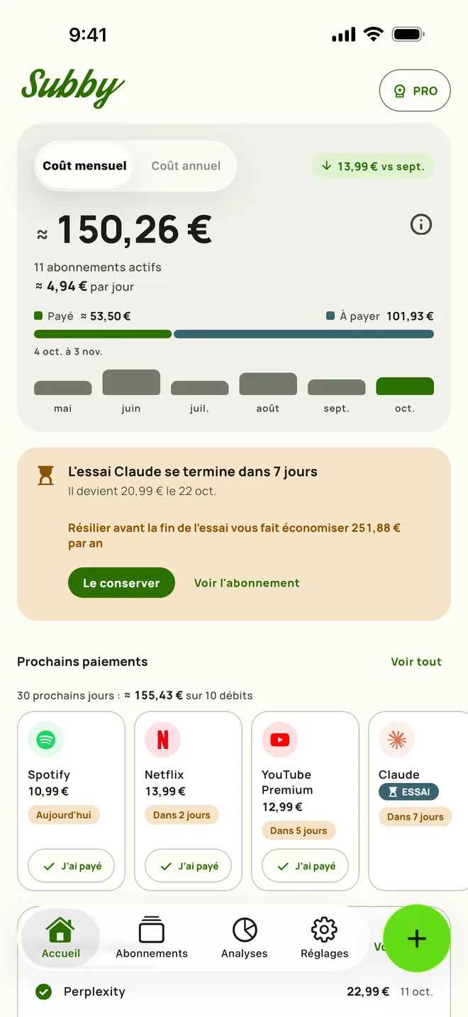 L'écran d'accueil de Subby avec le coût mensuel, ce que cela représente par jour, le payé et le reste à payer, une carte pour un essai qui se termine dans sept jours et les prochains paiements, sur iPhone