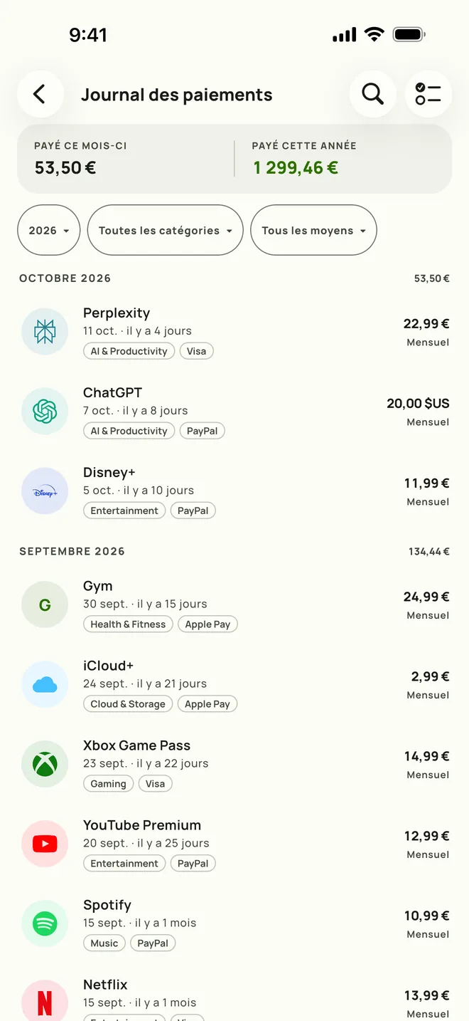 Journal des paiements de Subby sur iPhone, avec l'historique complet et les totaux mensuels