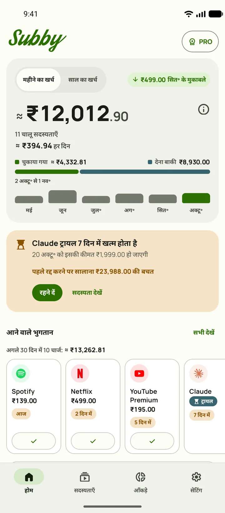 Subby का होम, महीने का कुल, हर दिन की रकम, चुकाया गया, देना बाकी और आने वाले भुगतान, Android पर