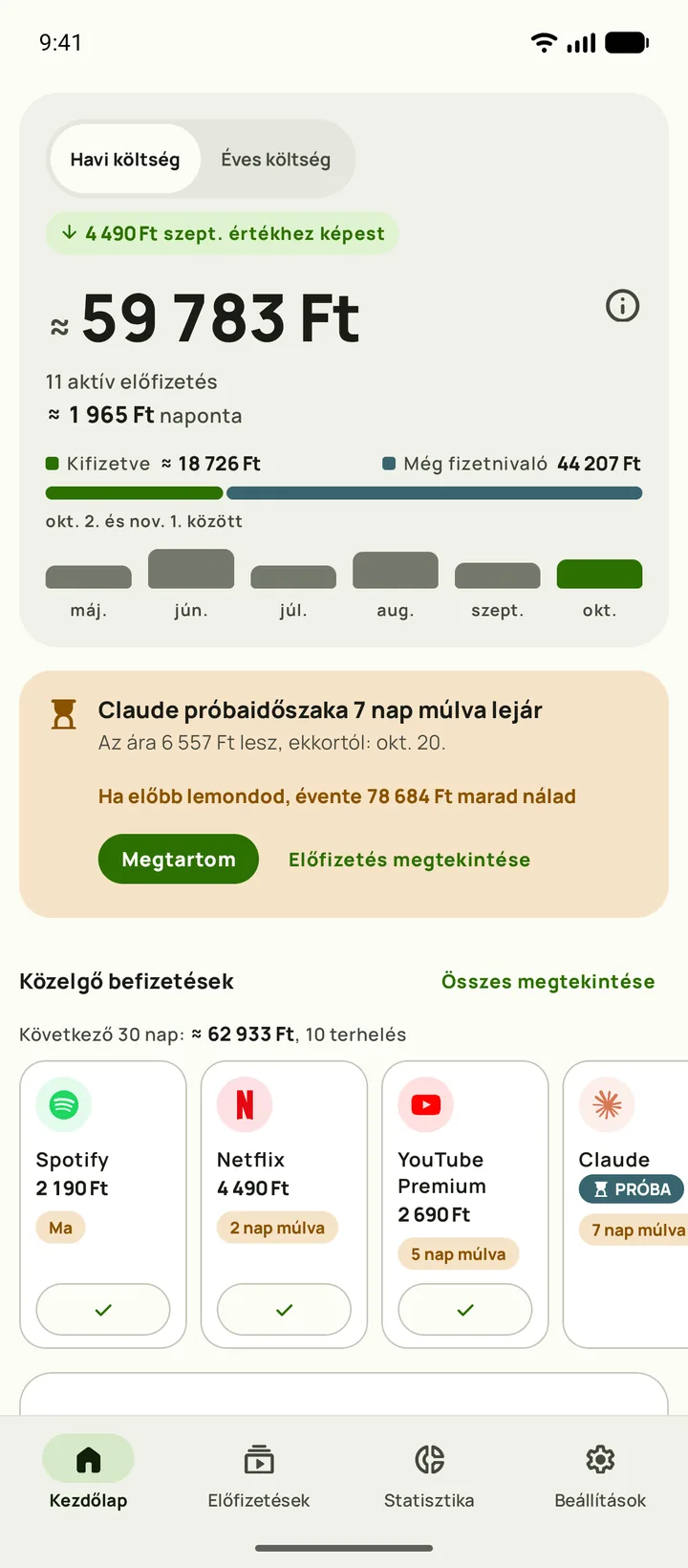 A Subby Kezdőlapja: havi összeg, napi költség, kifizetett és még fizetendő összeg, közelgő befizetések, Android készüléken