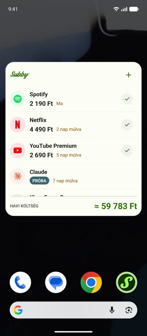 A kezdőképernyő-widget a közelgő befizetésekkel, Android készüléken