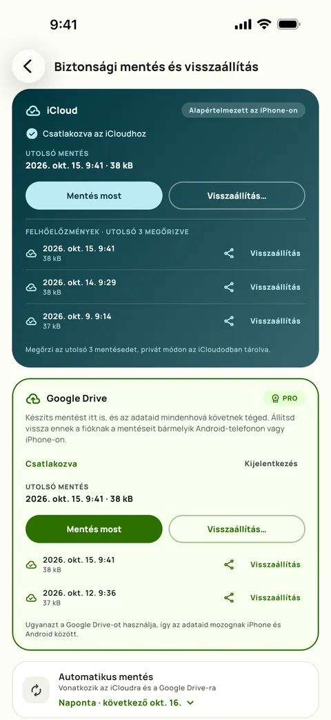 Biztonsági mentés és visszaállítás az ütemezéssel és az utolsó három mentéssel, iPhone készüléken