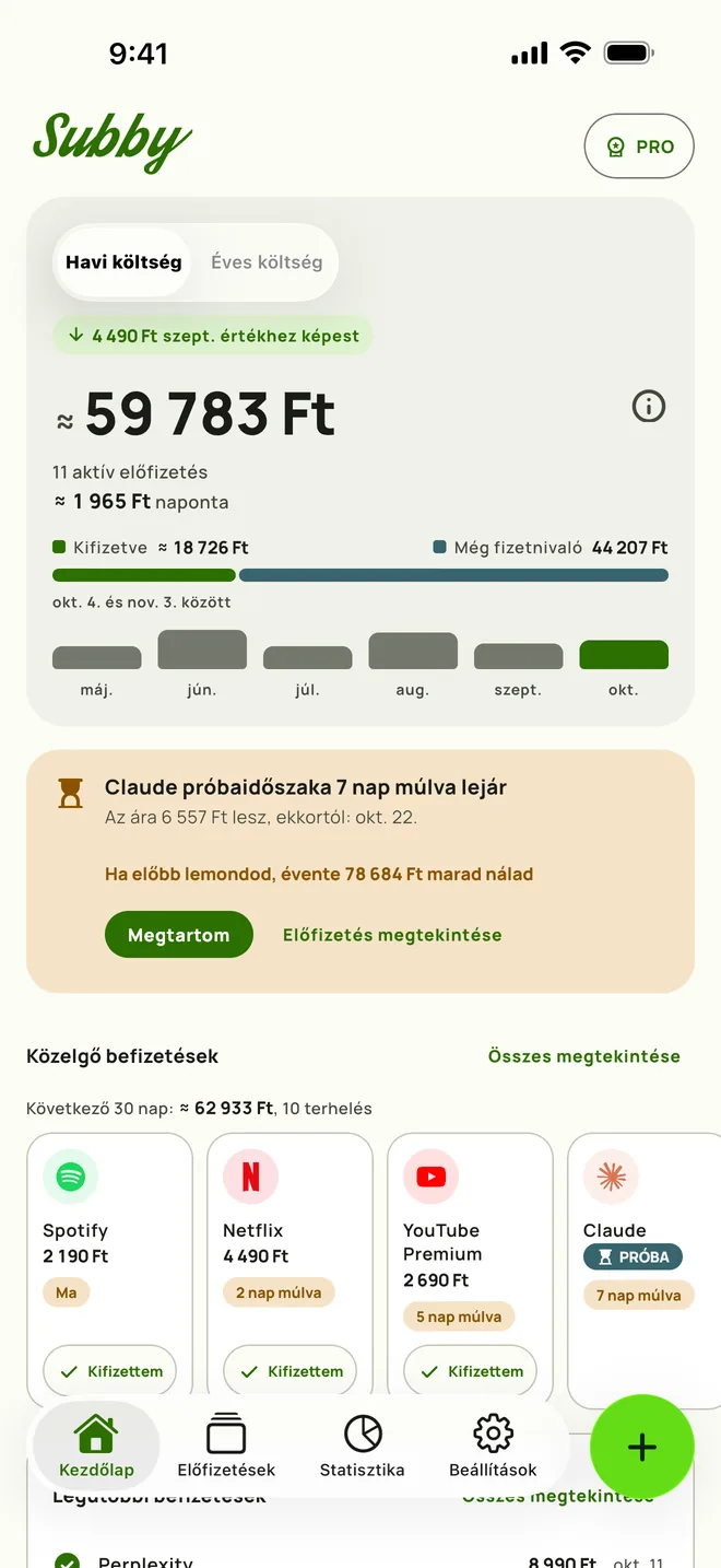 A Subby Kezdőlapja: havi összeg, napi költség, kifizetett és még fizetendő összeg, közelgő befizetések, iPhone készüléken