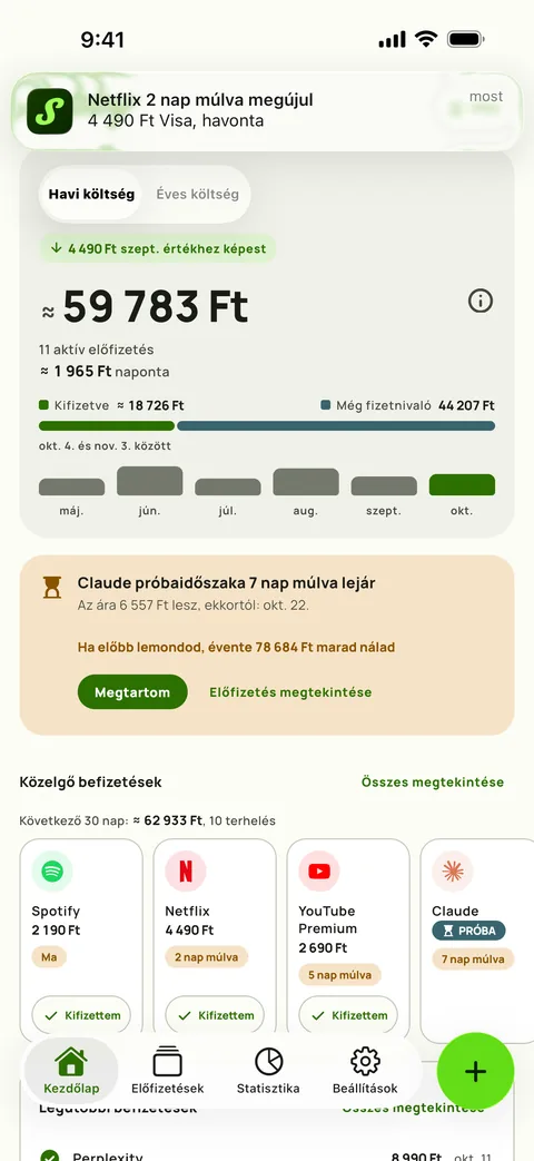 Emlékeztető az összeggel, kártyával és ciklussal, és a Megjelölés kifizetettként gombbal, iPhone készüléken