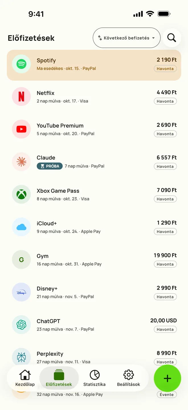 A Subby Előfizetések lapja iPhone-on, a következő befizetés szerint rendezve: ma esedékes a Spotify, utána a Netflix, a YouTube Premium és egy ingyenes próbaidőszak, mindegyik az árával és a ciklusával