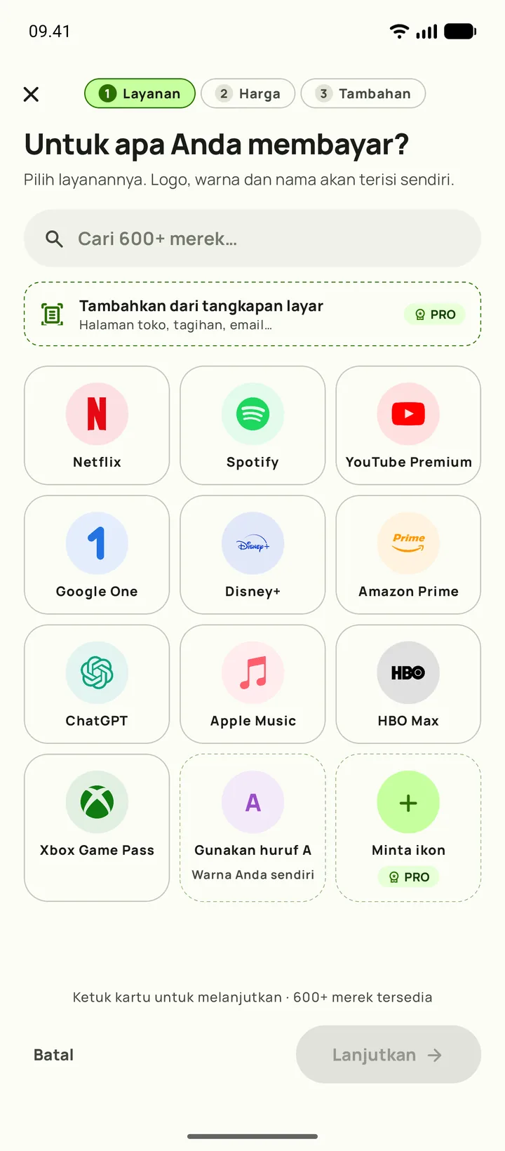 Menambahkan langganan di Subby, langkah pertama: memilih layanan, di Android