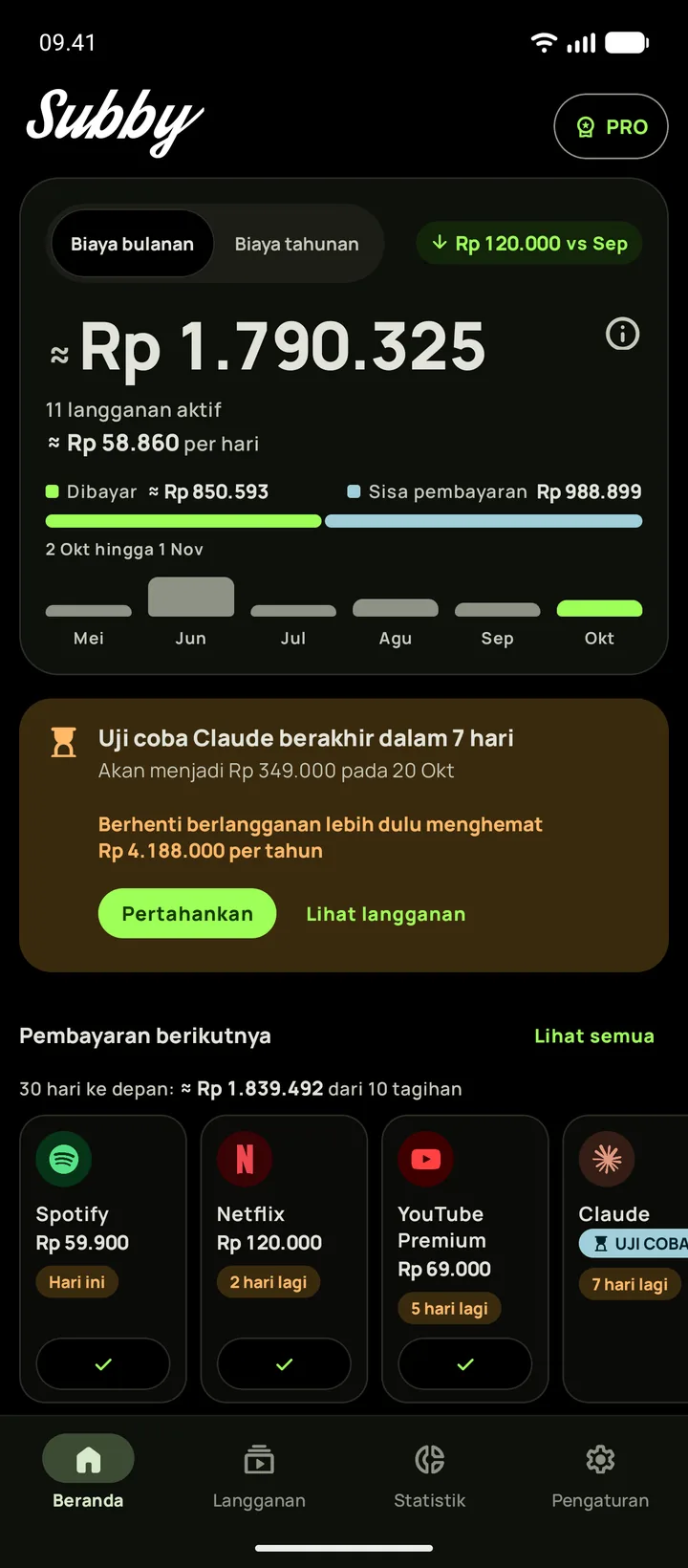 Beranda Subby dalam tema hitam pekat, dengan biaya bulanan, kartu untuk uji coba yang berakhir dalam tujuh hari, dan pembayaran berikutnya, di Android