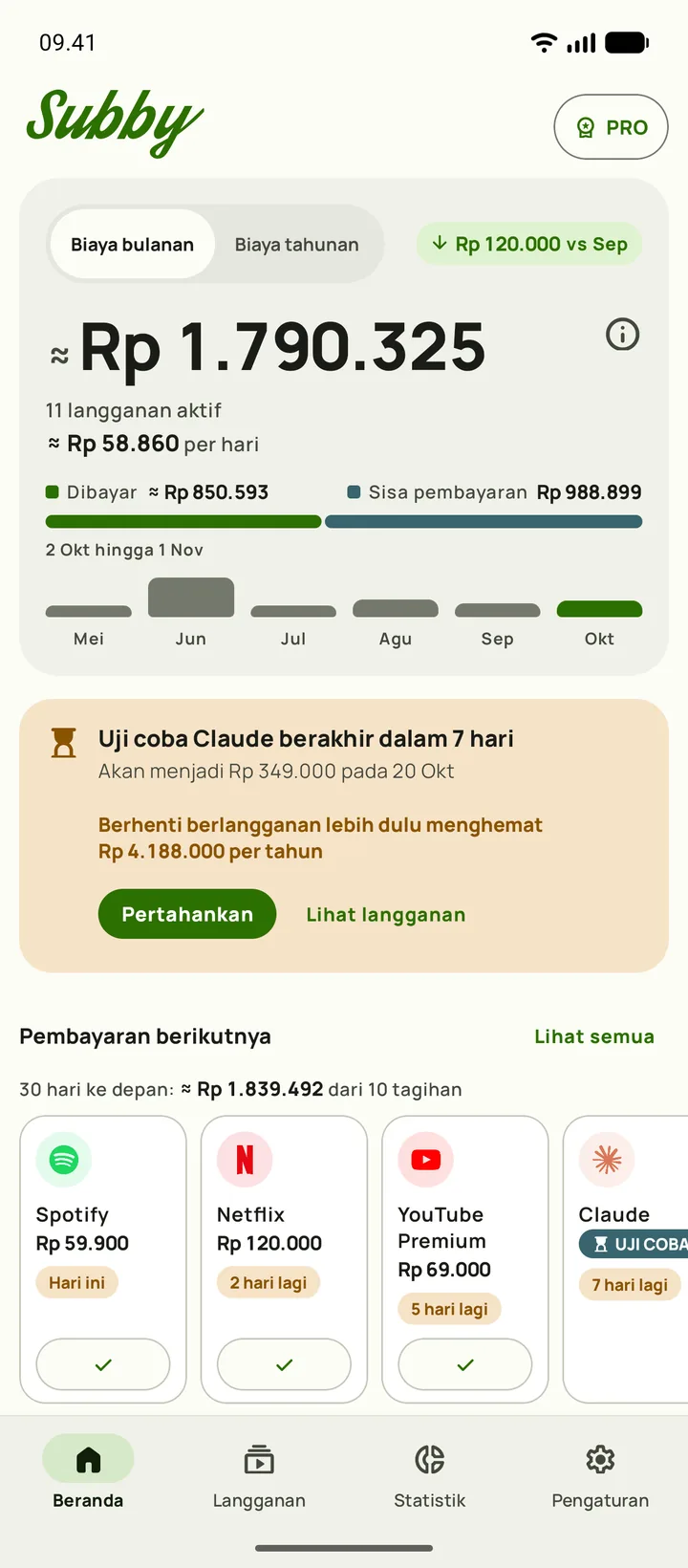 Beranda Subby dengan biaya bulanan, biaya per hari, jumlah dibayar dibandingkan sisa pembayaran, kartu untuk uji coba yang berakhir dalam tujuh hari, dan pembayaran berikutnya, di Android