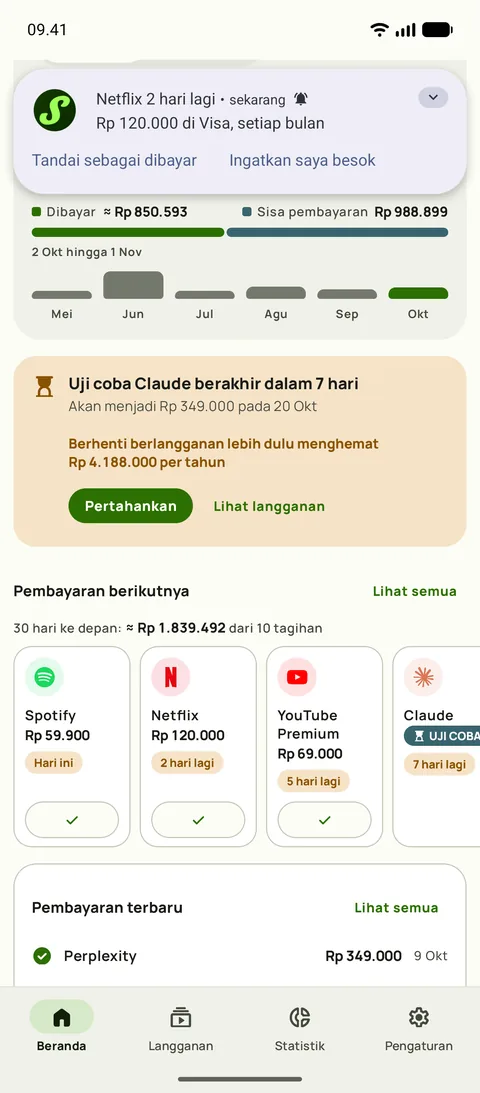Pengingat Subby yang menyebut layanan, jumlah, kartu, dan siklus, dengan Tandai dibayar di notifikasi, di Android
