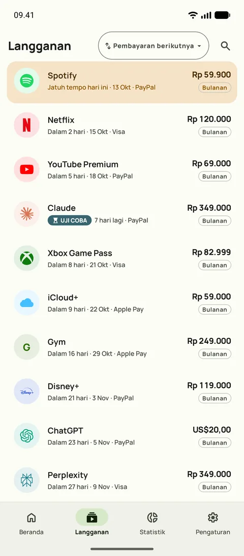 Tab Langganan Subby, diurutkan berdasarkan penagihan berikutnya, tiap langganan dengan harga, kartu dan siklus penagihan, di Android