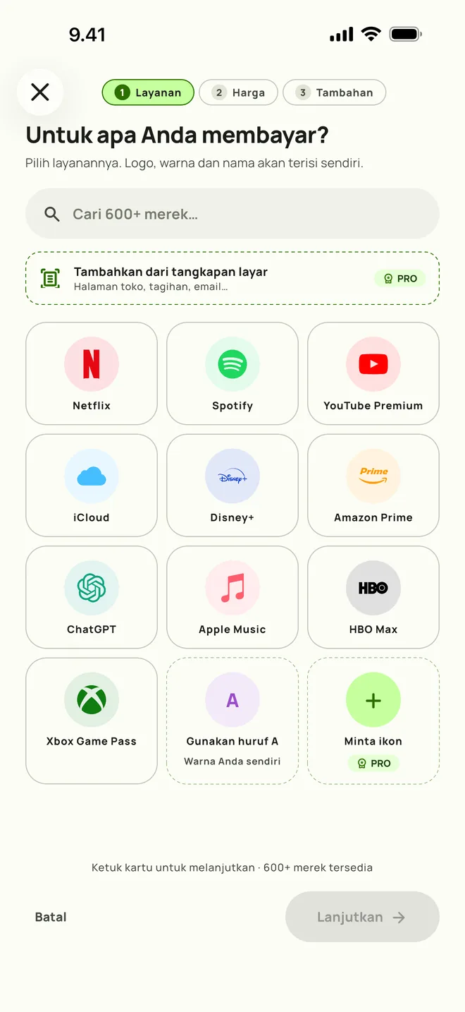 Menambahkan langganan di Subby, langkah pertama: memilih layanan, di iPhone