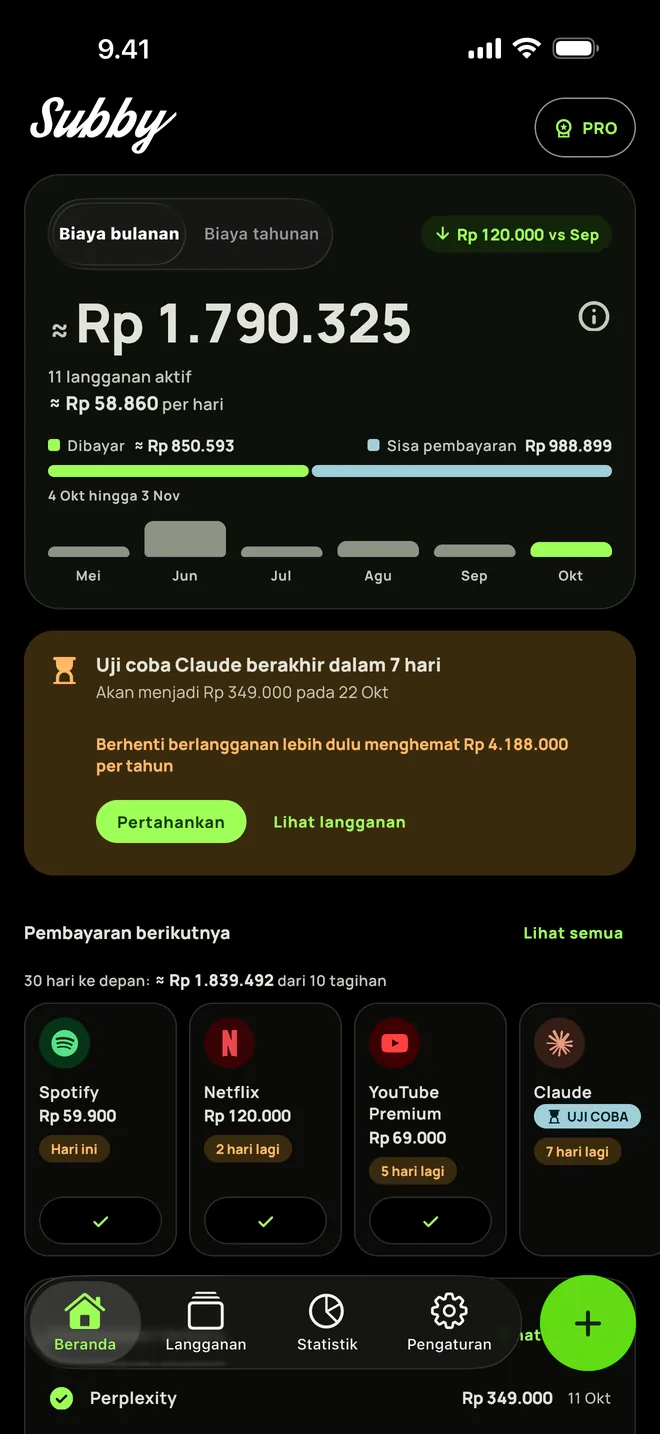 Beranda Subby dalam tema hitam pekat, dengan biaya bulanan, kartu untuk uji coba yang berakhir dalam tujuh hari, dan pembayaran berikutnya, di iPhone