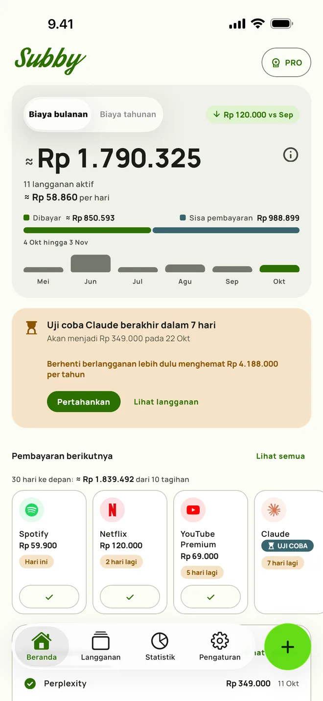 Beranda Subby dengan biaya bulanan, biaya per hari, jumlah dibayar dibandingkan sisa pembayaran, kartu untuk uji coba yang berakhir dalam tujuh hari, dan pembayaran berikutnya, di iPhone
