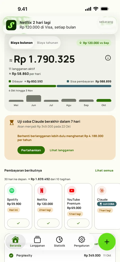 Pengingat Subby yang menyebut layanan, jumlah, kartu, dan siklus, dengan Tandai dibayar di notifikasi, di iPhone