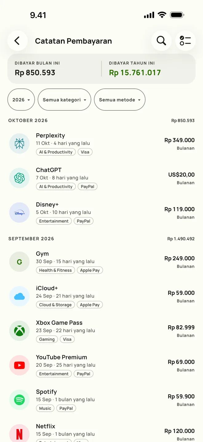 Riwayat pembayaran Subby dengan total bulanan, tampil di iPhone