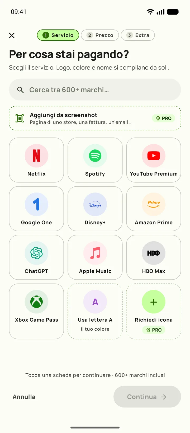 Aggiunta di un abbonamento in Subby. Primo passo, scegli il servizio, su Android