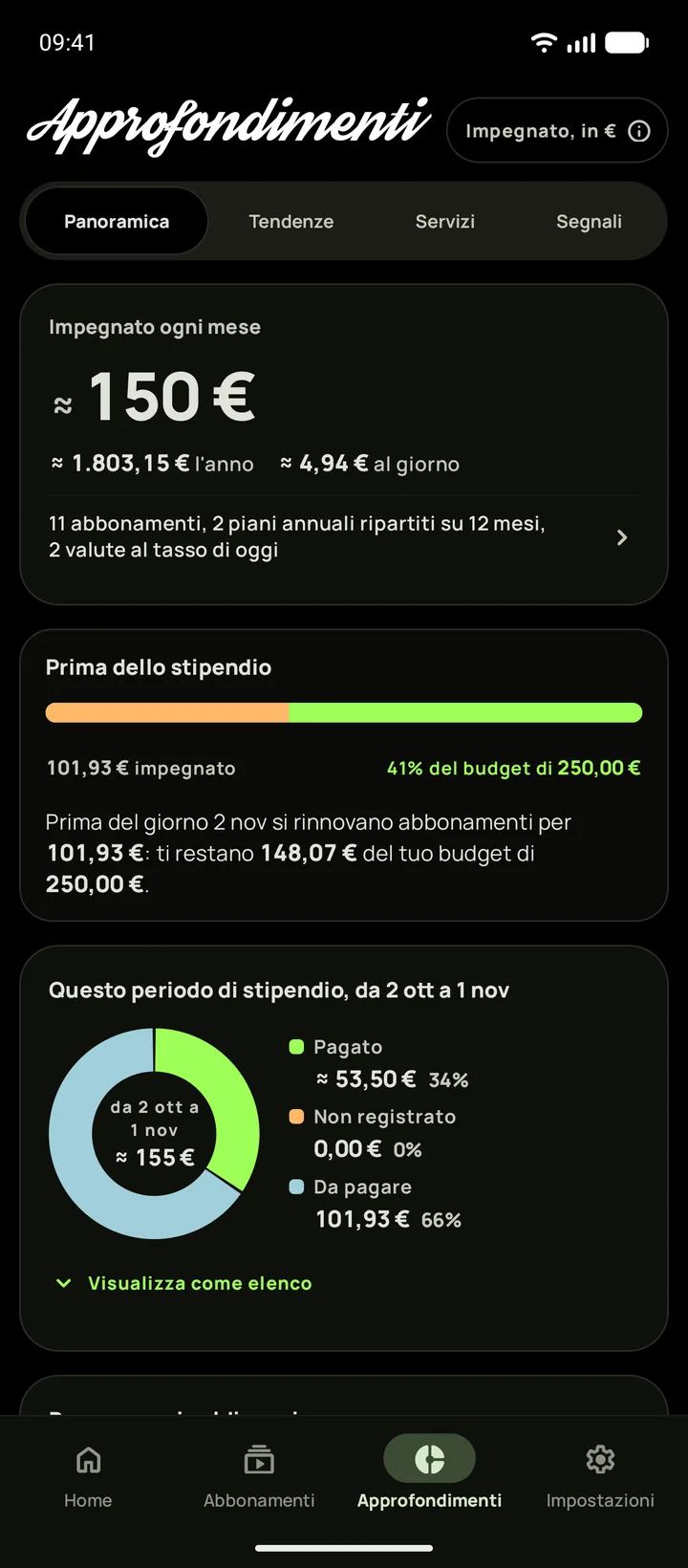 Approfondimenti di Subby nella scheda Panoramica, nel tema scuro: l'importo mensile a cui sei vincolato, la card del giorno di paga e il periodo di stipendio diviso in pagato, non registrato e da pagare, su Android