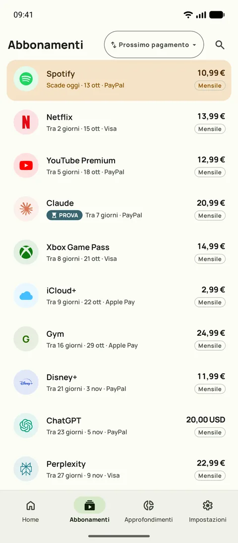 La scheda Abbonamenti di Subby su Android, in ordine di prossimo pagamento: Spotify in scadenza oggi, poi Netflix, YouTube Premium e una prova gratuita, ciascuno con prezzo e ciclo