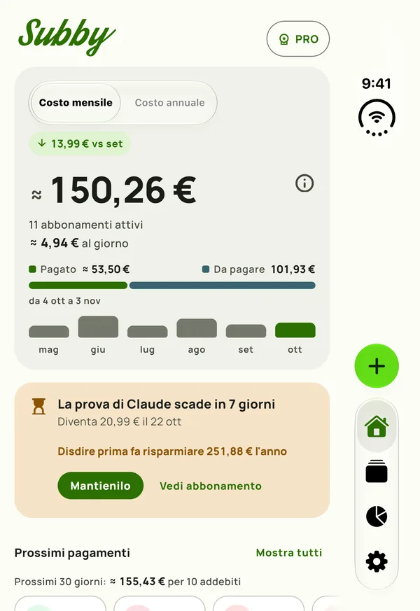 Home compatta di Subby sul pannello esterno di un iPhone Duo chiuso, con il totale mensile e una card di prova