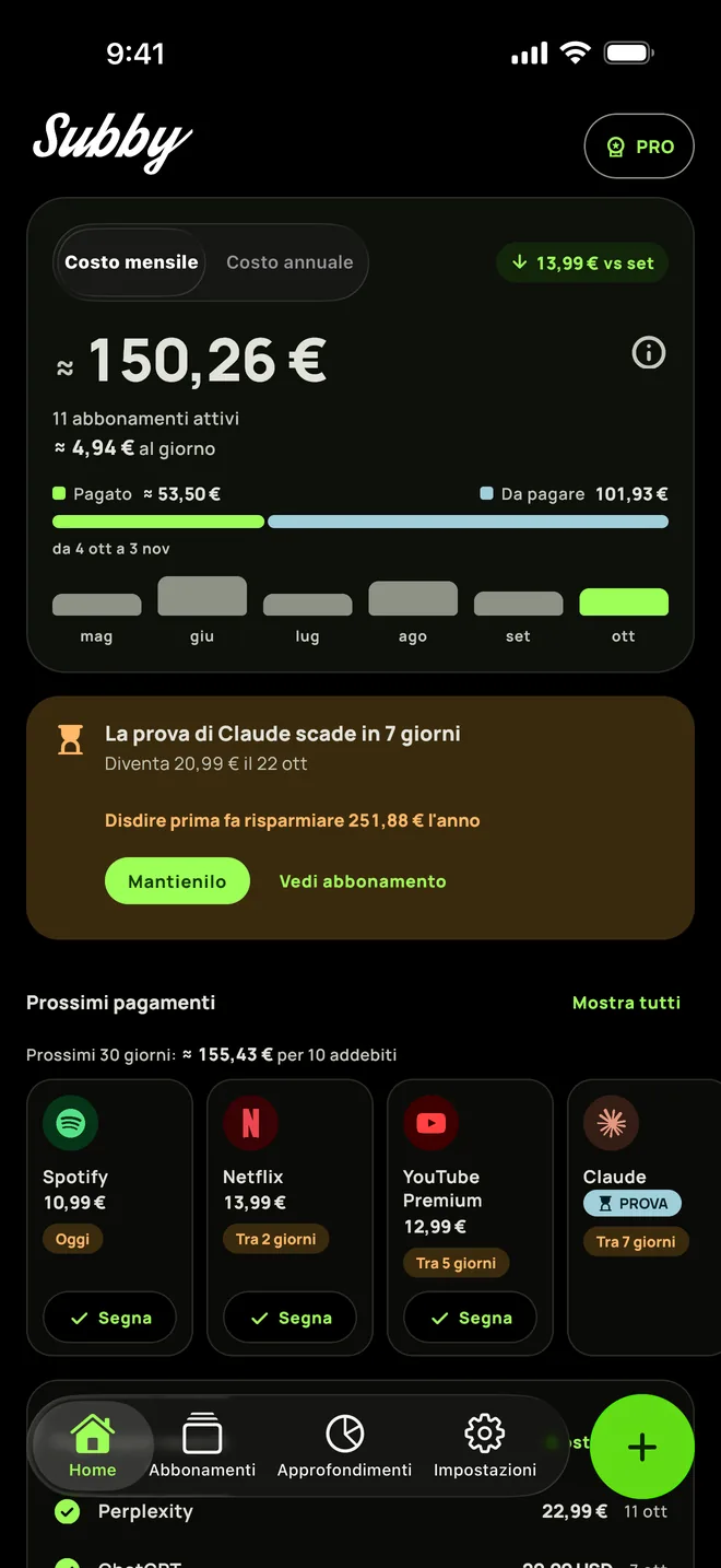 Home di Subby nel tema nero puro, con il costo mensile, una card per una prova che finisce tra sette giorni e i prossimi pagamenti, su iPhone