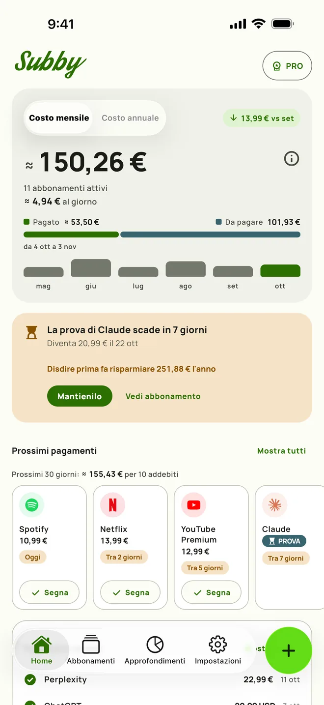 Home di Subby con il costo mensile, il costo al giorno, pagato e ancora da pagare, una card per una prova che finisce tra sette giorni e i prossimi pagamenti, su iPhone