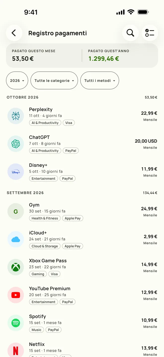 Registro pagamenti di Subby, storico completo con totali mensili, su iPhone