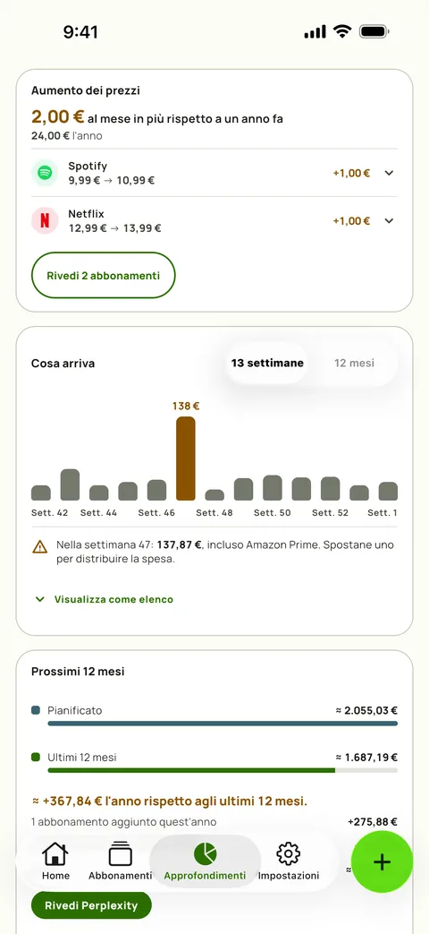 La card dei rialzi di prezzo in Approfondimenti di Subby: quanto costano in più al mese gli stessi servizi rispetto a un anno fa, con Spotify e Netflix al prezzo vecchio e nuovo e un pulsante Rivedi sopra la previsione a 13 settimane, su iPhone