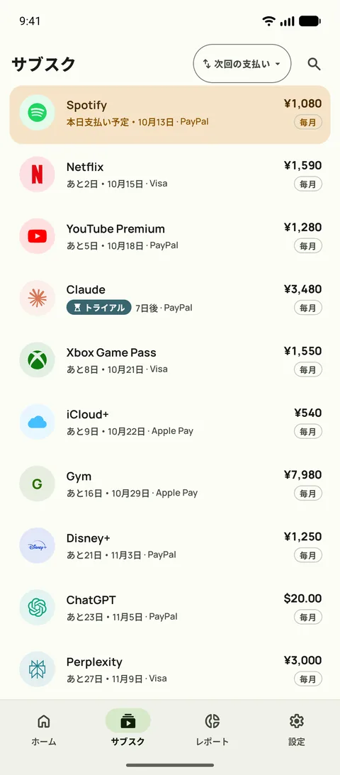 AndroidのSubbyのサブスクタブ。次の支払い順に、今日が期日のSpotify、続いてNetflix、YouTube Premium、無料トライアルが、価格とサイクルつきで並んでいる