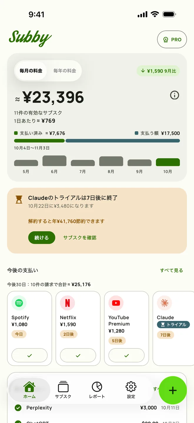 Subbyのホーム。月の金額、1日あたりの金額、支払い済みと支払う額、7日後に終わるトライアルのカード、次の支払い(iPhone)