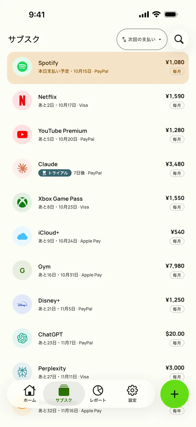 iPhoneのSubbyのサブスクタブ。次の支払い順に、今日が期日のSpotify、続いてNetflix、YouTube Premium、無料トライアルが、価格とサイクルつきで並んでいる
