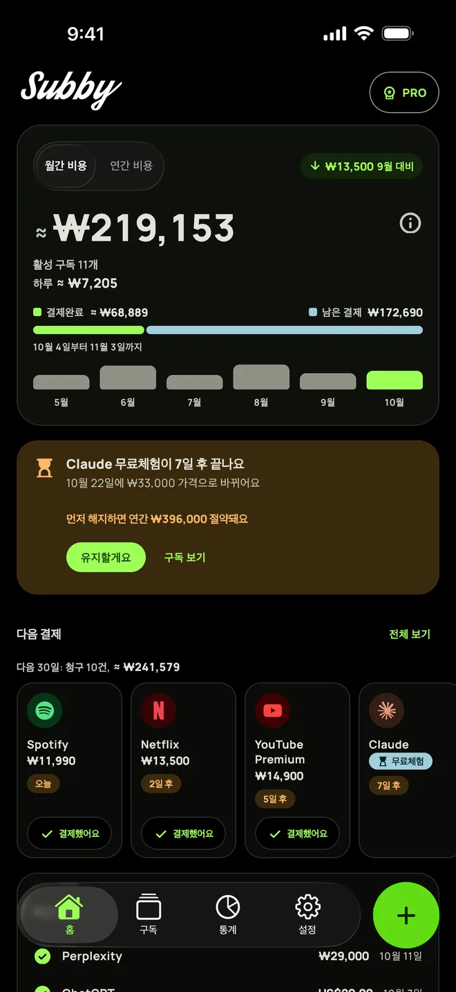 블랙 테마의 Subby 홈 화면. 월간 비용, 7일 뒤 끝나는 무료체험 카드, 다가오는 결제가 보여요 (iPhone)