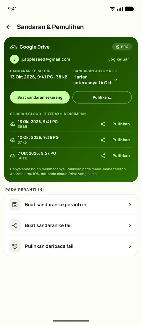 Sandaran dan pemulihan, dengan jadual dan tiga sandaran terakhir, pada Android