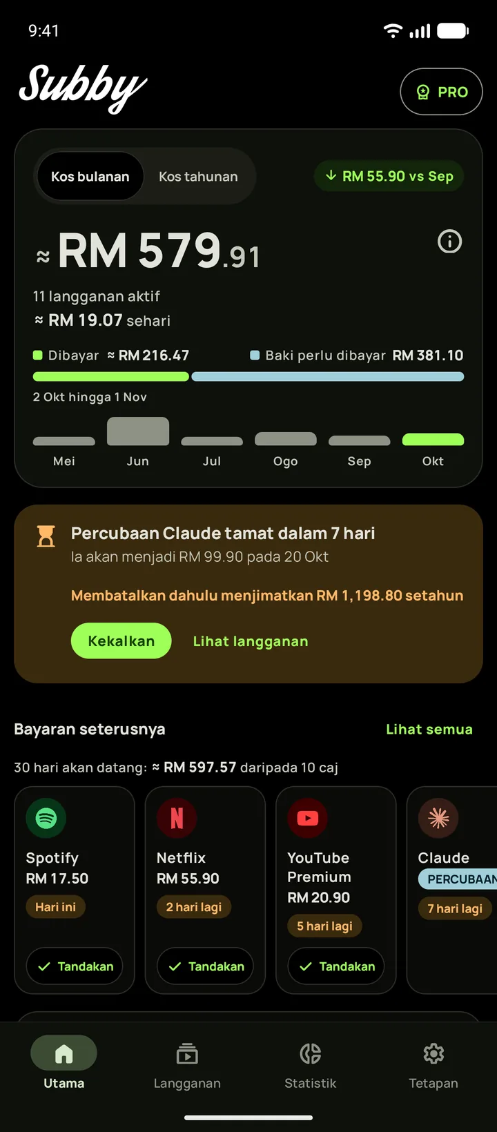 Skrin Utama Subby dalam mod gelap dengan jumlah bulanan dan bayaran seterusnya, pada Android